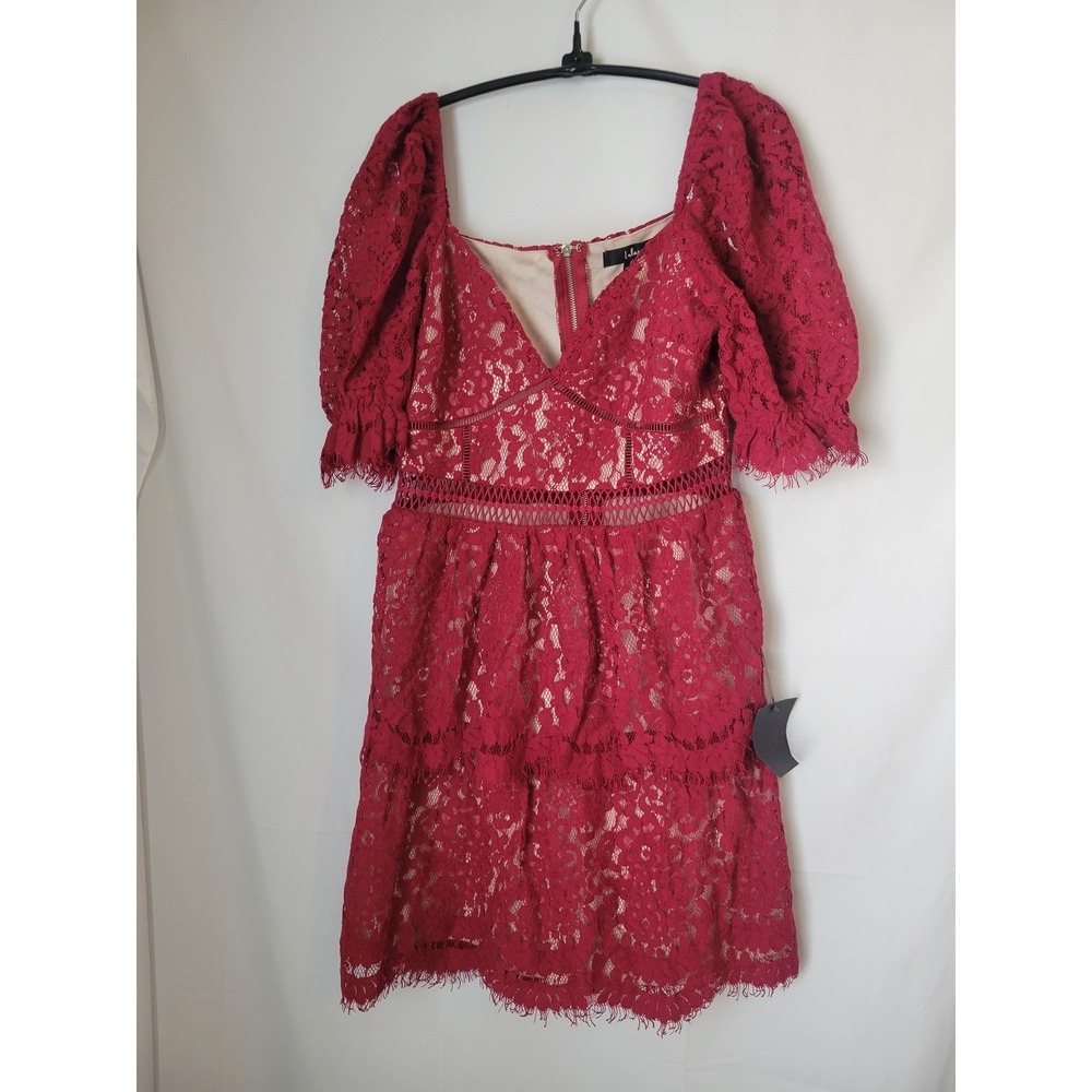 Lulus Burgundy Red Lace Puff Sleeve Cutout Tiered Mini Dress Women's Size S NEW‎